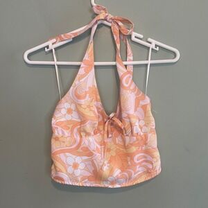 Hollister Womens Summer Beach Floral Boho Coqutte Girl Halter Top Orange Small